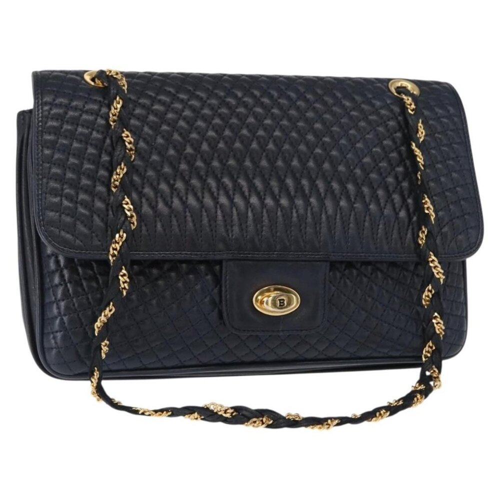 Authentic BALLY Chain Shoulder Bag Leather Navy Gold